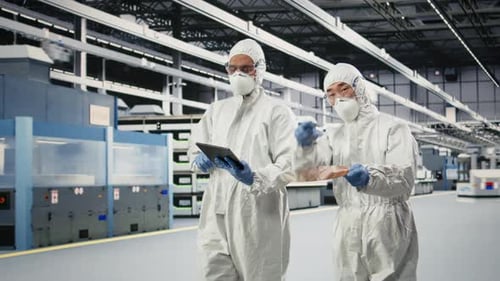 Multiethnisches Team untersucht Halbleitersubstrat im Reinraum