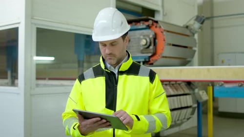 Industrial Worker Engineer Man Using Tablet at Factory Heavy Machine Metal Manufacturing Equipment