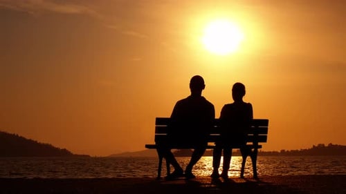 Couple Silhouette Enjoying Romantic Sunset on Beach