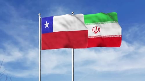 Chile and Iran National Flags Waving in Blue Sky