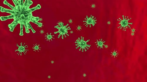 Green Virus Particles Floating in a Red Blood Vessel