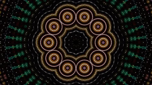 Animated round shape of colorful lines flashing lights dots, on a black background