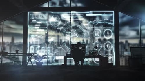 Empresario que trabaja con una interfaz digital global futurista