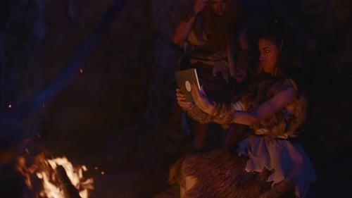 A Caveman Uses Modern Technology at a Campfire at Dusk Blending Ancient and Modern