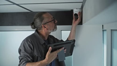 Man Inspects Security Camera Using Tablet Indoors