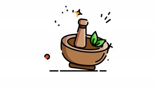 Animated Mortar and Pestle with Fresh Green Leaves Icon