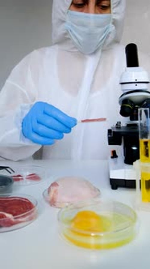 Scientist Examining Food Sample Using Microscope in Laboratory