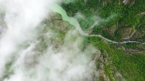 Summer Mountain Forest with River Top Down Aerial View Fly Over Sky and Clouds Pure Nature Beautiful