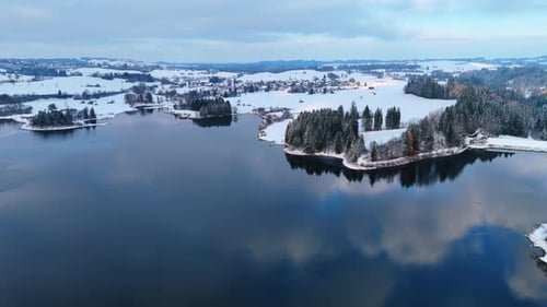Peaceful river not frozen in winter reflects the clouds. Lovely pine trees grow on the snowy banks.