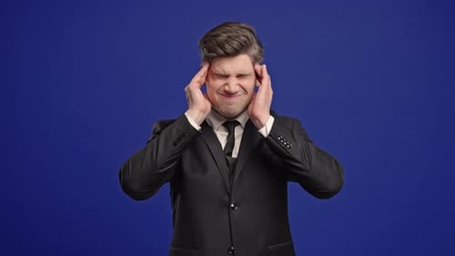 30s Aged Businessman in Formal Wear Having Headache Studio Portrait Guy Putting Hands on Head