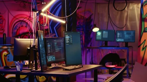 Computer Monitors Displaying Code in a Dimly Lit Room