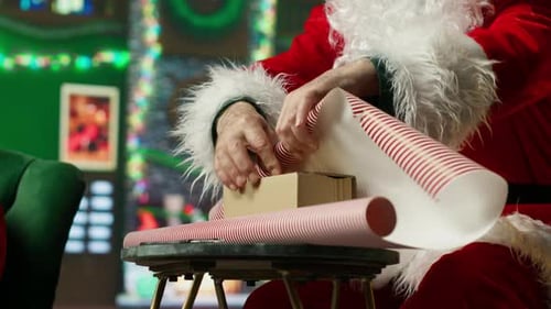 Santa Claus Wrapping Christmas Presents in Cozy Home