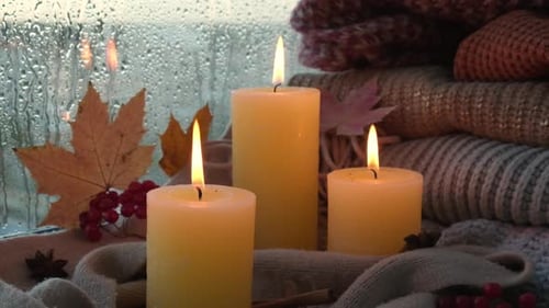 Indoor Still Life of Candles and Fall Decorations
