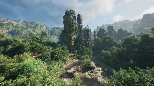 A Picturesque Forest Landscape with Towering Trees and Rocky Terrain