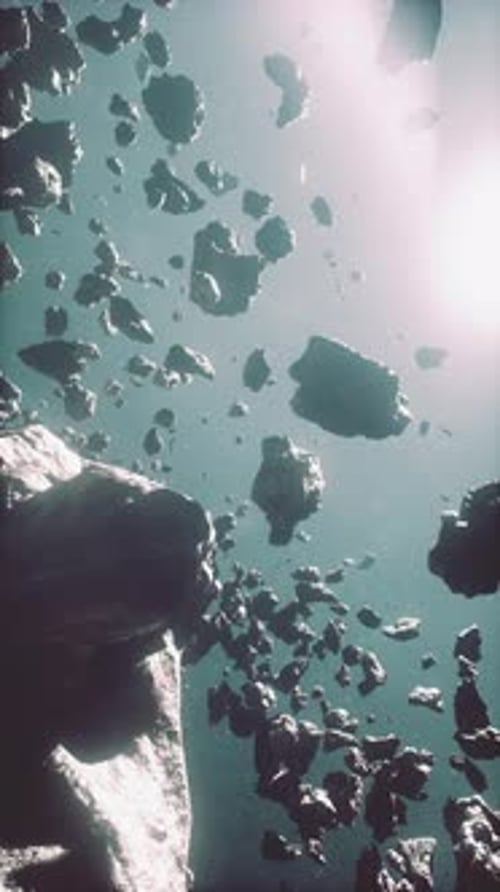Cinematic Flight Through Dark Deep Space Asteroid Field with Stars