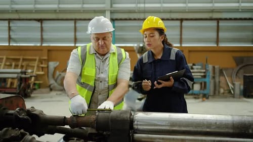 Professional senior male engineer and young female technician inspecting heavy machinery parts