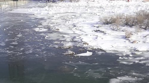 Frozen river with ice floes drifting downstream
