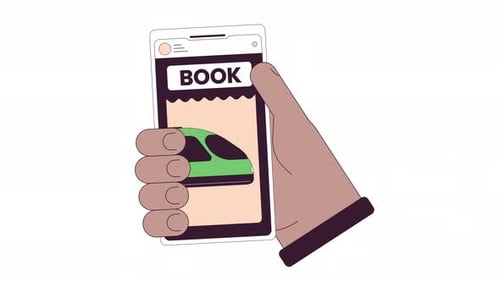 Flat Design Animation of Hand Booking Train Tickets on Smartphone