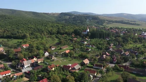 Flying Above Countryside Village Houses