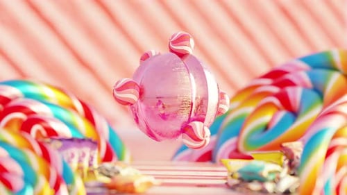 3D Rendering of Small Candy Balls Rolling on Pink Sphere in Loop