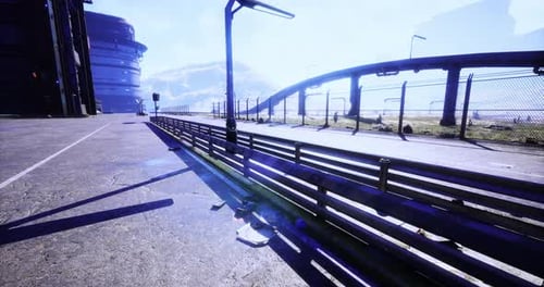 Paysage urbain futuriste sous un ciel radieux présentant une architecture moderne