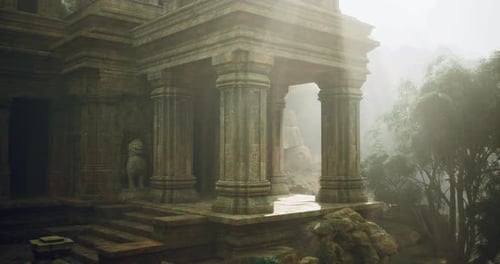 Ancient Temple Ruins Surrounded By Misty Forest at Dawn