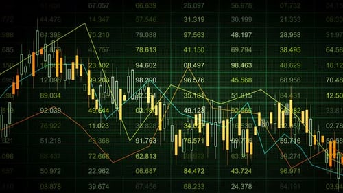 Looping 3D green chart with glowing candles and multiple trend lines
