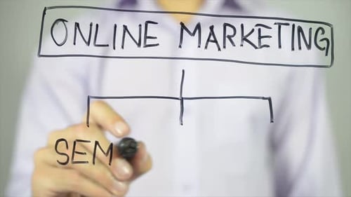 Hand Writes Online Marketing Concepts on Glass