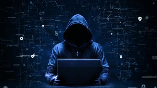 Futuristic Cybersecurity Hacker with Laptop in Digital Network Background