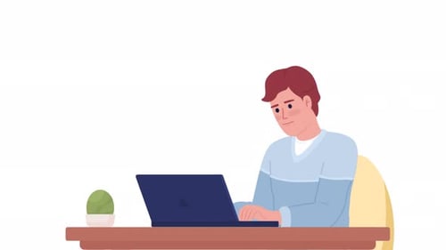 Animated Man Typing on Laptop in Flat Design Style