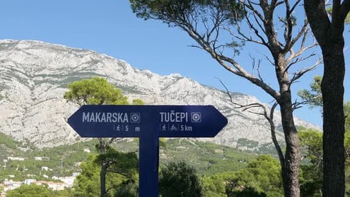 Sign post to Makarska, Croatia, signboard to Croatian tourist resort town