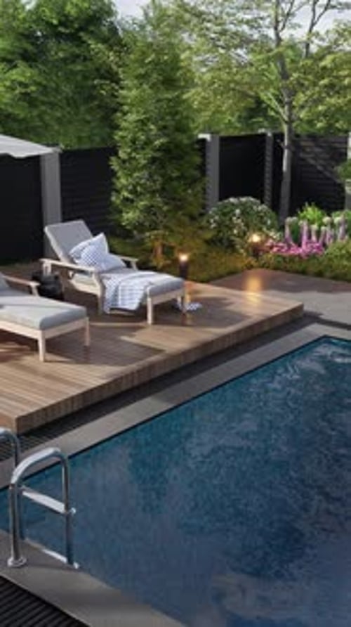Swimming pool with equipped relaxation area. 3D rendering