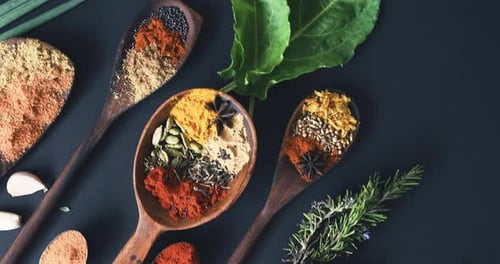 Spices and Herbs in Wooden Spoons, Overhead Shot