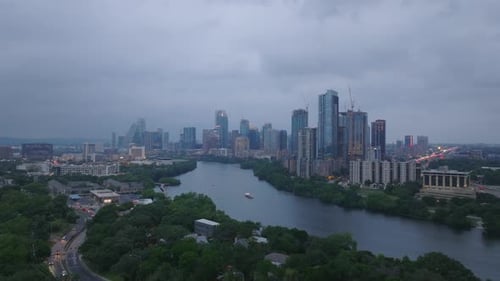 Austin's Skyline From Above Featuring Tall Buildings and the Colorado River Under a Cloudy Sky Urban
