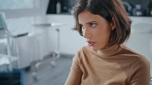 Worried Lady Complaining Clinic Having Healthcare Appointment Office Closeup