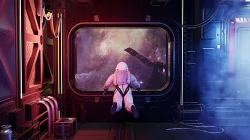 Astronaut in Space Station Floats by Window