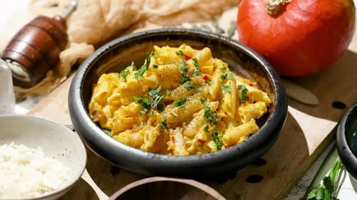Creamy Pumpkin Pasta in Bright Still-Life Setting