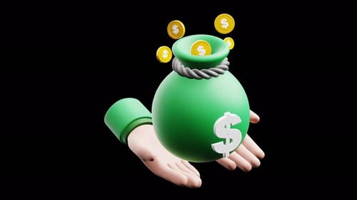 3D Animated Hand Holding Money Bag with Flying Coins