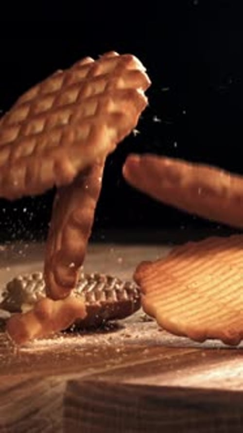 Cookies Fall on a Wooden Table Filmed on a Highspeed Camera at 1000 Fps