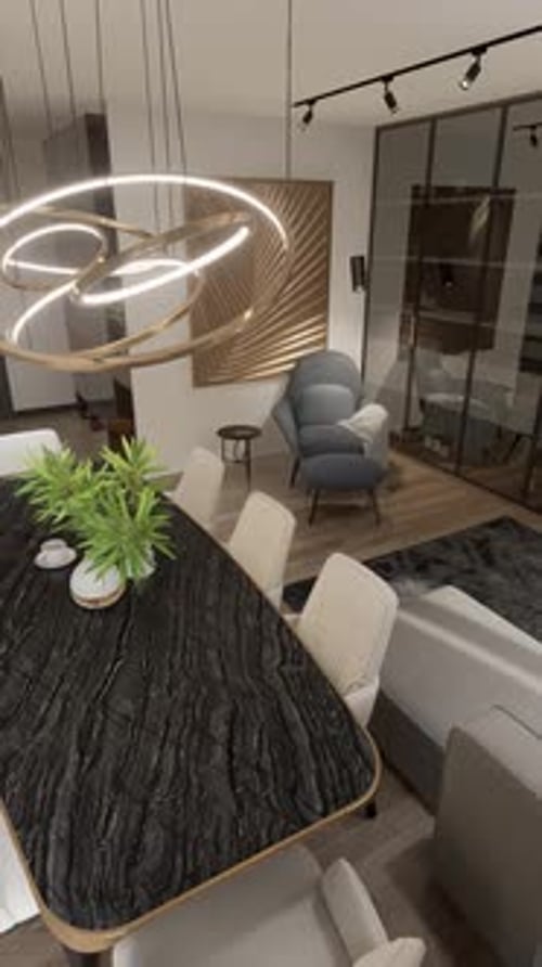 Renderización 3D. La cámara sobrevuela un estudio moderno. Formato vertical para un teléfono.