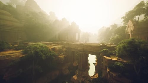 Peaceful River Cutting Through Vibrant Valley with Ruins and Mist
