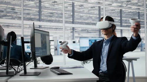 Engineer Using VR Technology to Optimize Microchip Production in Factory