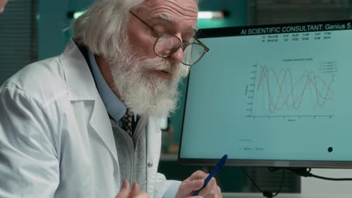 Senior Researcher Using AI Assistant for Data Analysis