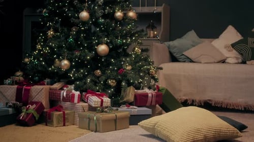 Christmas Tree With Presents In Cozy Living Room