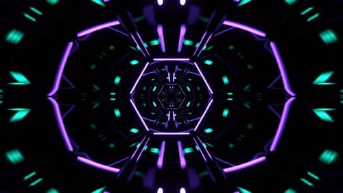 Fantastischer Cyber-Tunnel mit leuchtenden Neonelementen im Hintergrund, VJ Loop in 4K, Violett und Türkis