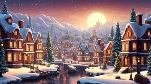 Cozy Christmas Winter Village with Falling Snow Animation