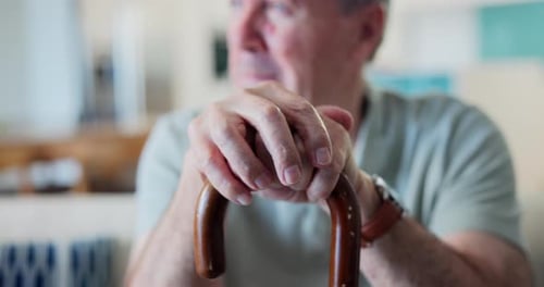 Old man, walking stick and thinking of remember in retirement with arthritis