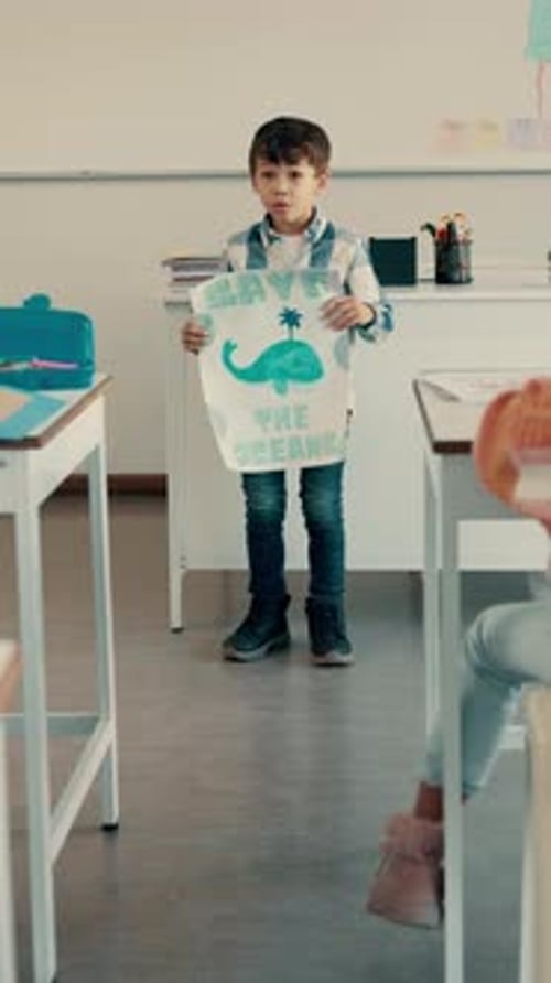 School, presentation and boy in classroom with poster for conservation, climate change