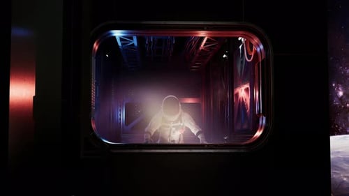 Astronaut In Futuristic Space Corridor Looking Through Window. 3D Animation