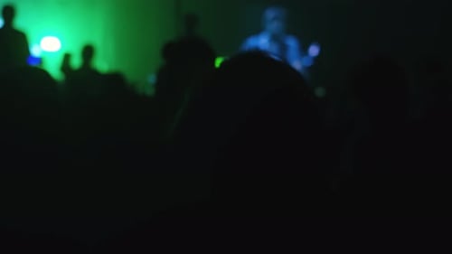 Silhouetten von Menschen, die springen, winken, Fotos machen oder Videos von einem Live-Musikkonzert aufnehmen